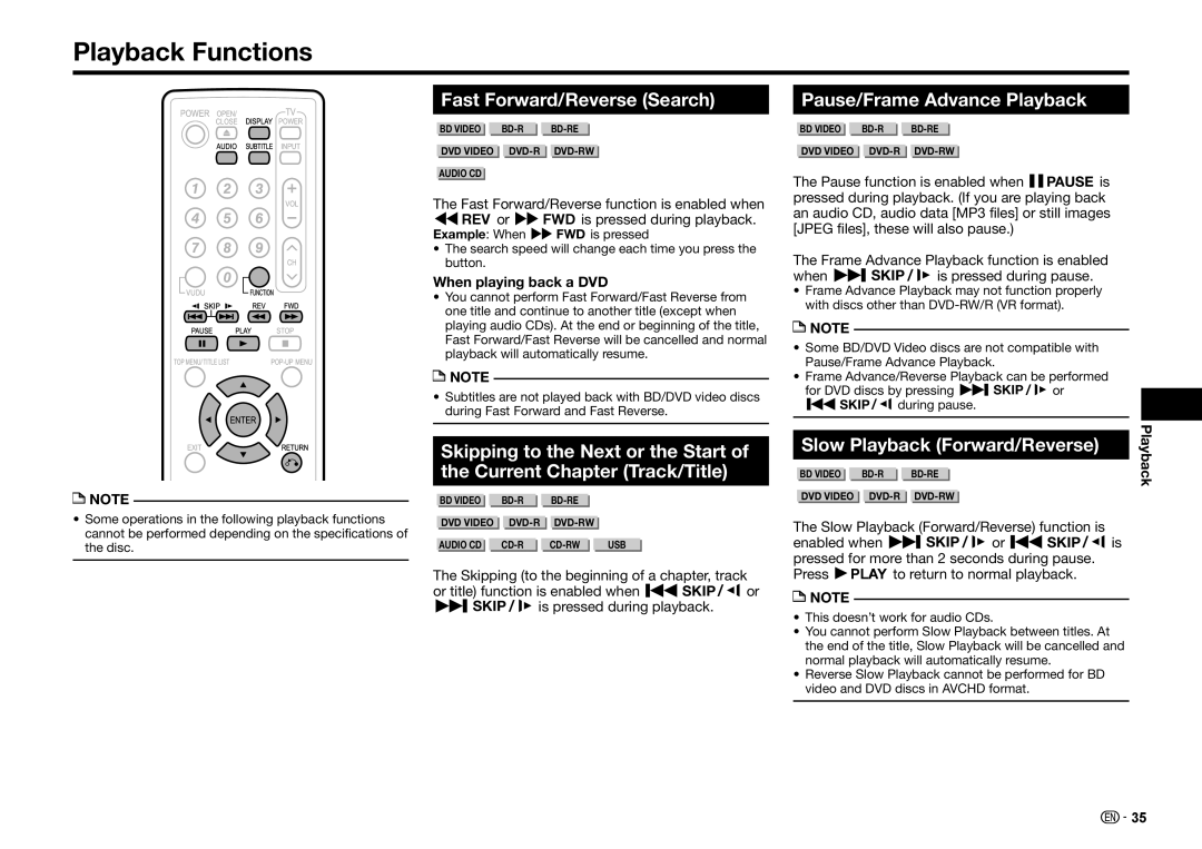 Sharp BD-HP25U Playback Functions, Fast Forward/Reverse Search, Pause/Frame Advance Playback, When playing back a DVD 