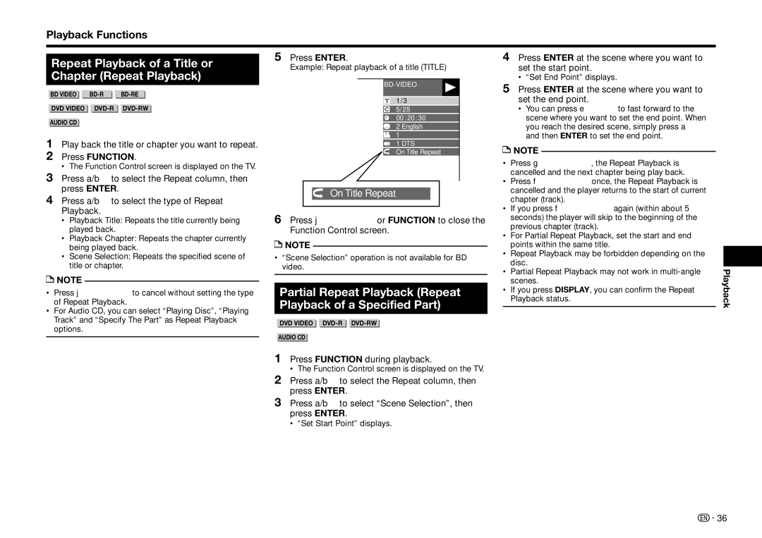 Sharp BD-HP25U operation manual Repeat Playback of a Title or Chapter Repeat Playback, Playback Functions, Press Function 