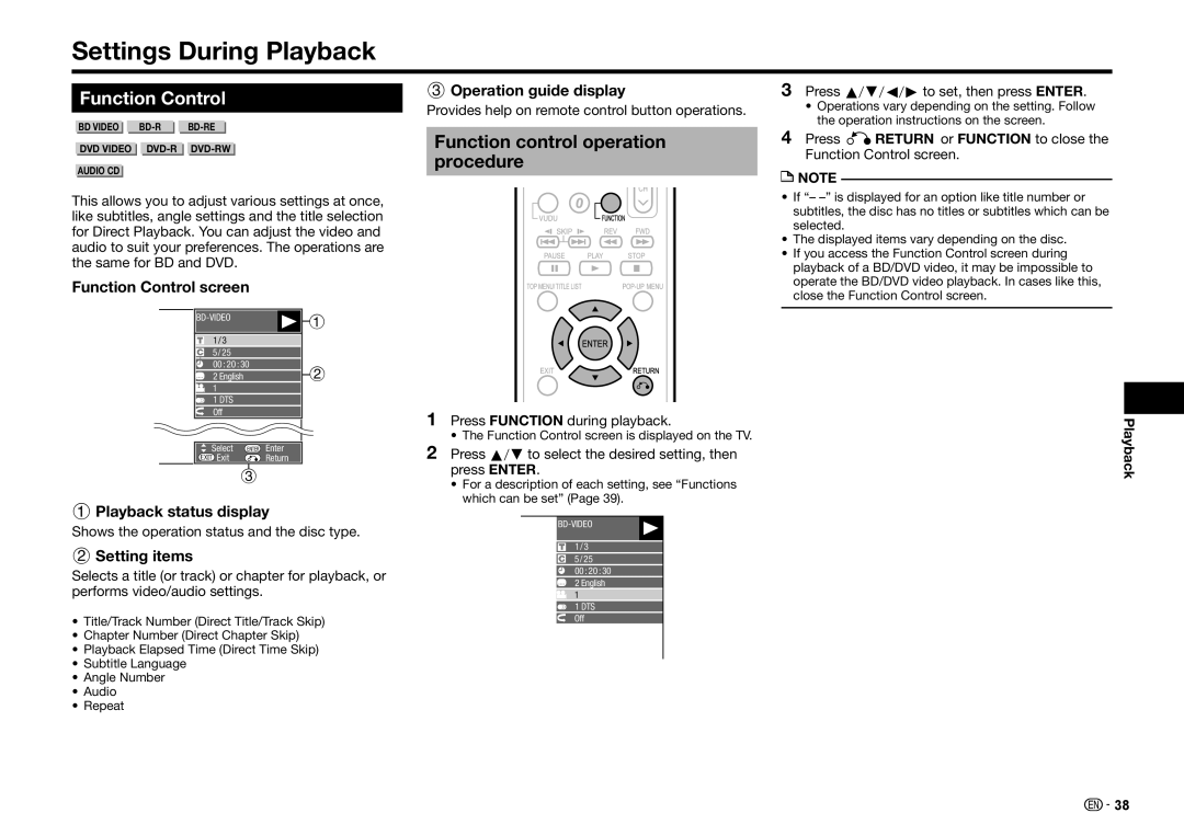 Sharp BD-HP25U operation manual Settings During Playback, Function Control, Function control operation procedure 