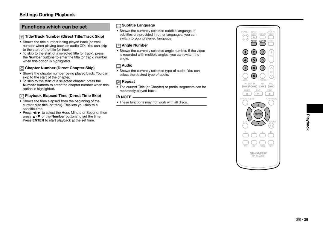 Sharp BD-HP25U operation manual Functions which can be set, Settings During Playback 