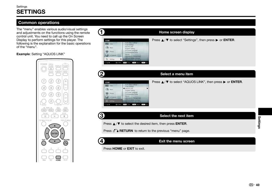 Sharp BD-HP25U operation manual Common operations, Press a/b to select Settings, then press d or Enter 