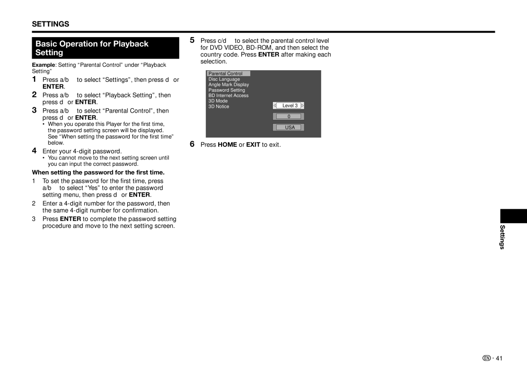 Sharp BD-HP25U operation manual Basic Operation for Playback Setting, When setting the password for the first time 