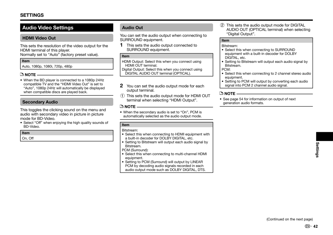 Sharp BD-HP25U operation manual Audio Video Settings, Hdmi Video Out, Secondary Audio, Audio Out 