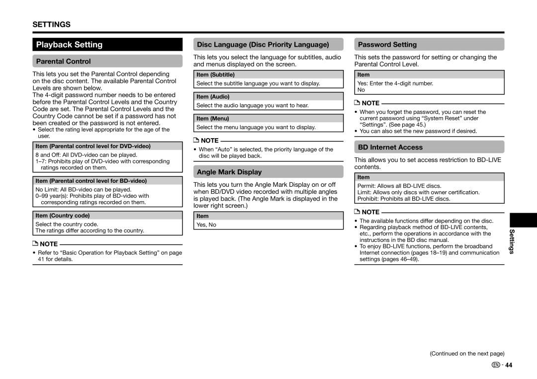 Sharp BD-HP25U operation manual Playback Setting 