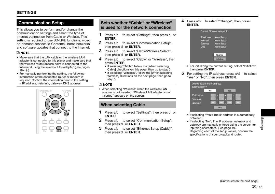 Sharp BD-HP25U operation manual Communication Setup, When selecting Cable 