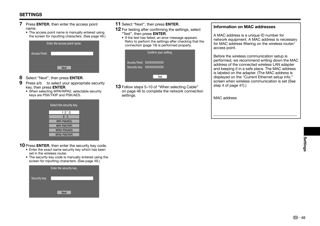 Sharp BD-HP25U operation manual Information on MAC addresses, Settings 