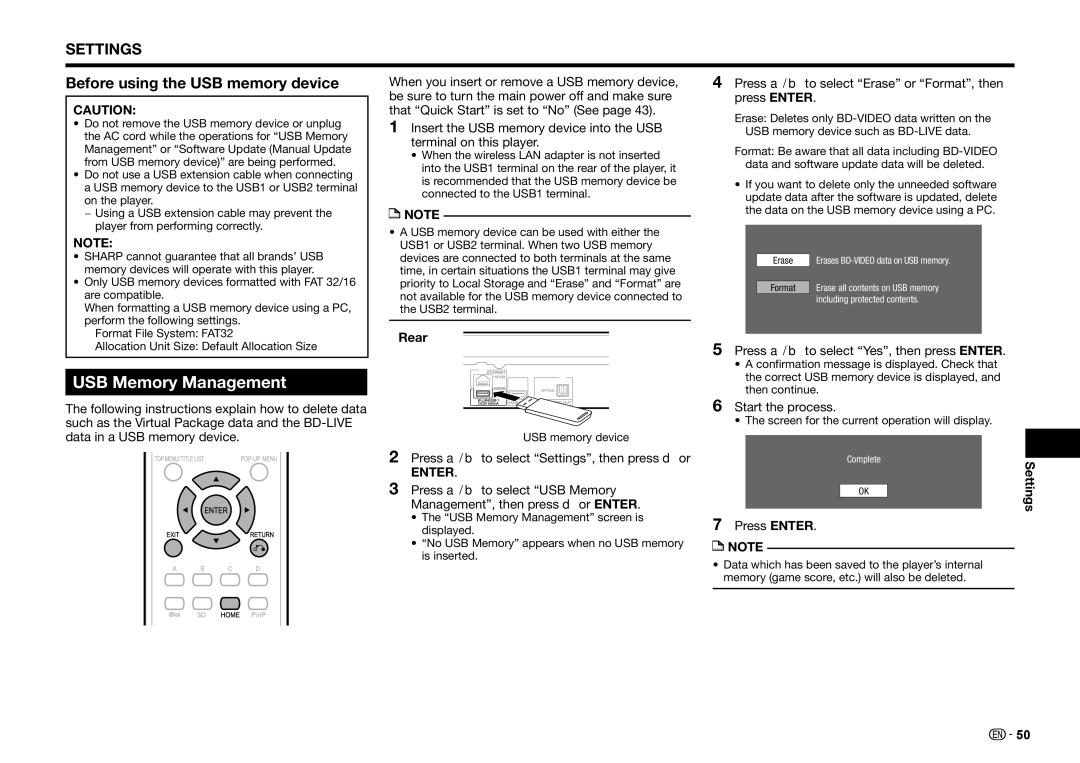 Sharp BD-HP25U USB Memory Management, Before using the USB memory device, Press a/b to select Yes, then press Enter 