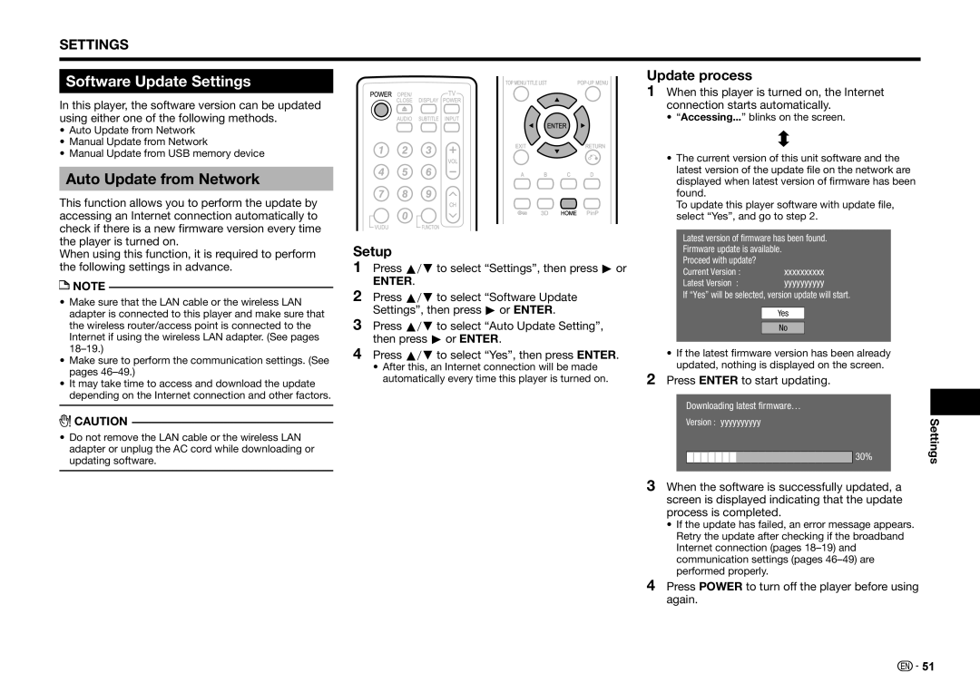 Sharp BD-HP25U operation manual Software Update Settings, Auto Update from Network, Update process, Setup 