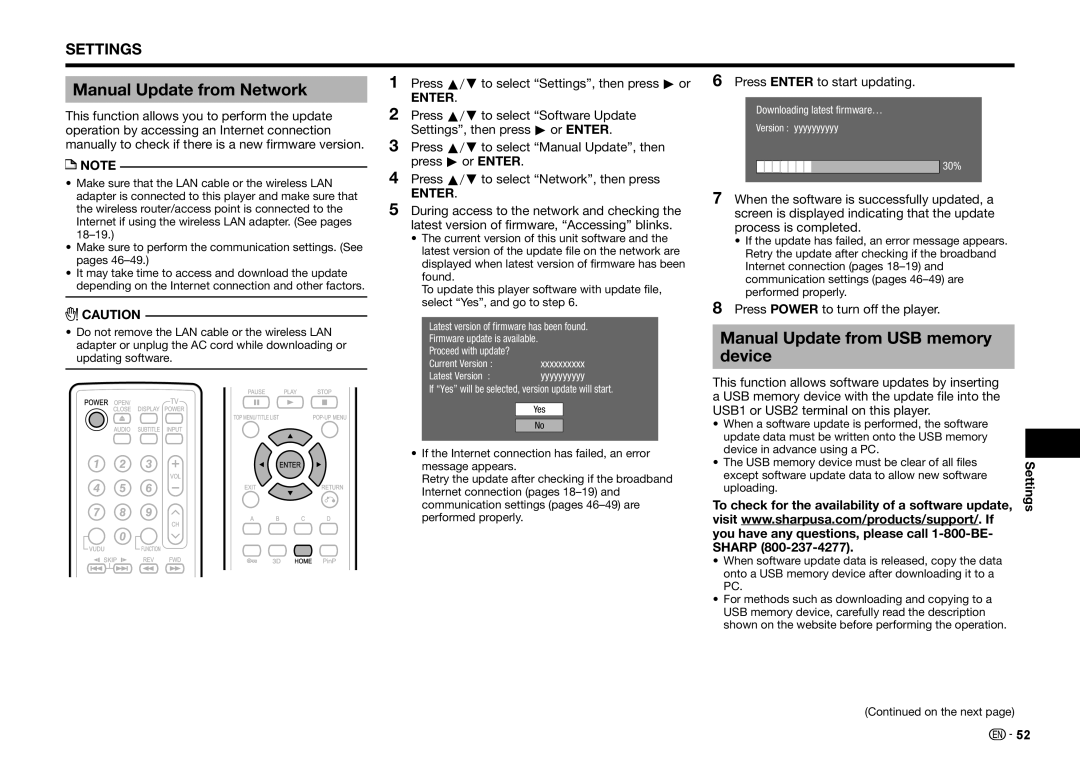 Sharp BD-HP25U Manual Update from Network, Manual Update from USB memory device, Press Power to turn off the player 