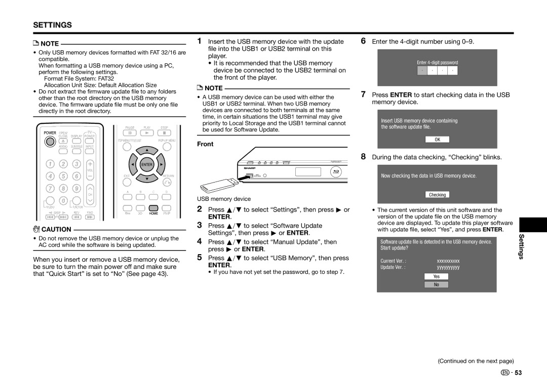 Sharp BD-HP25U Front, Enter the 4-digit number using, Press Enter to start checking data in the USB memory device 