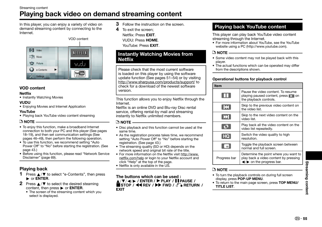 Sharp BD-HP25U operation manual Playing back video on demand streaming content, Instantly Watching Movies from Netflix 