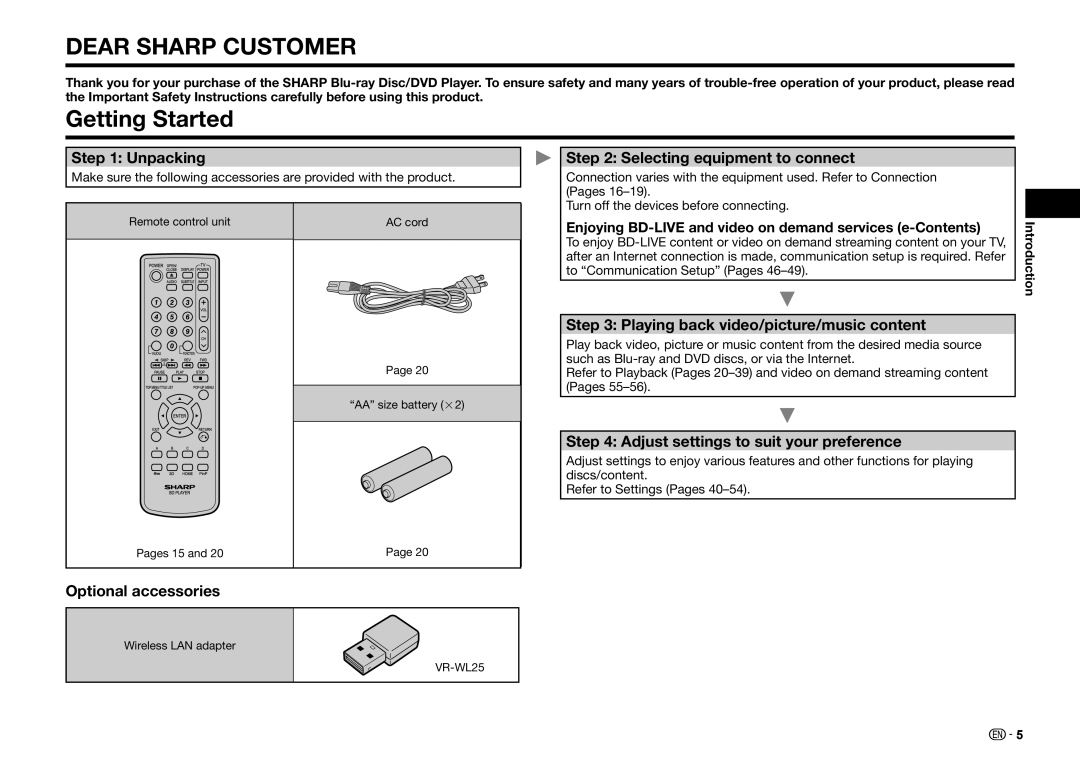 Sharp BD-HP25U operation manual Getting Started, Unpacking, Optional accessories Selecting equipment to connect 