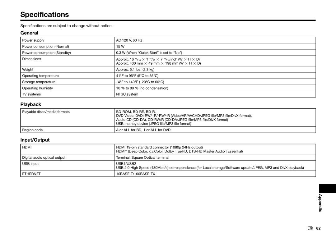 Sharp BD-HP25U operation manual General, Input/Output, Specifications are subject to change without notice 