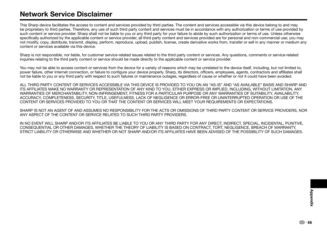 Sharp BD-HP25U operation manual Network Service Disclaimer 