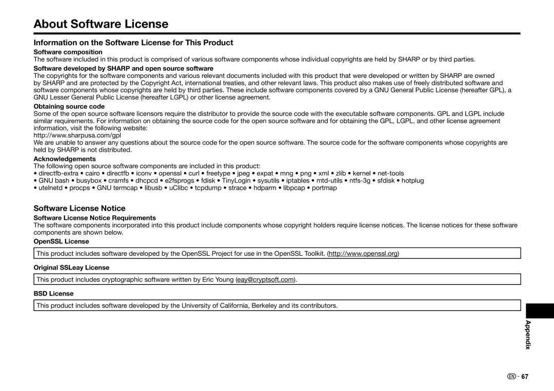 Sharp BD-HP25U About Software License, Information on the Software License for This Product, Software License Notice 