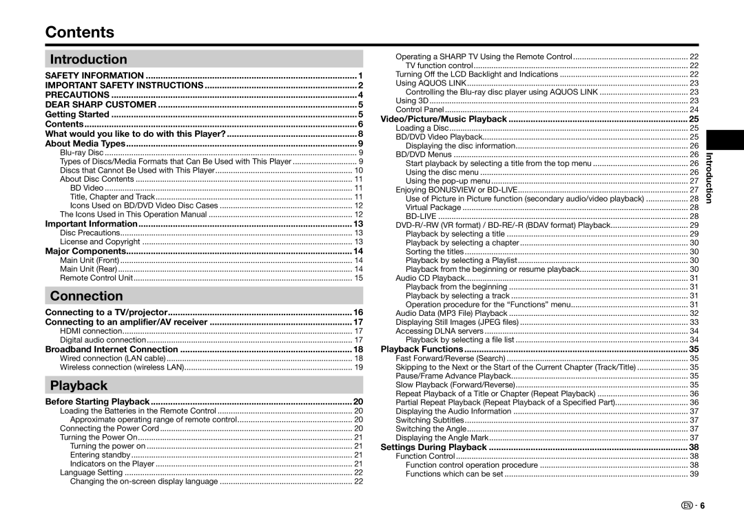 Sharp BD-HP25U operation manual Contents 