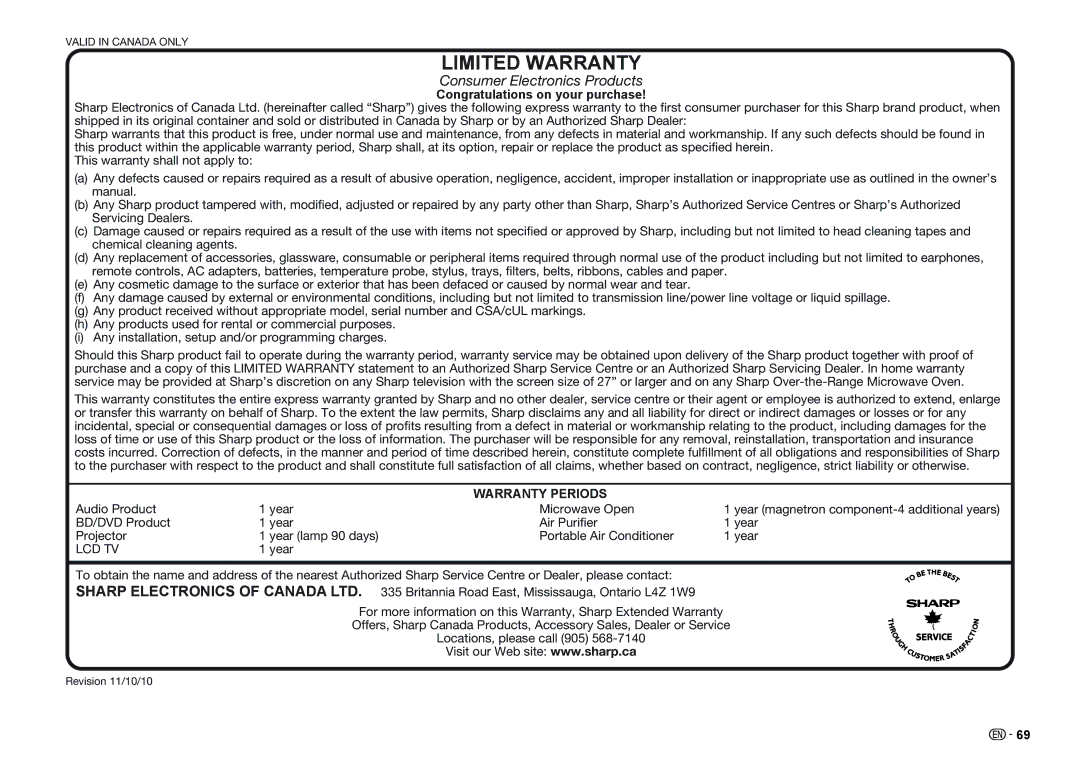 Sharp BD-HP25U operation manual Limited Warranty, Congratulations on your purchase 