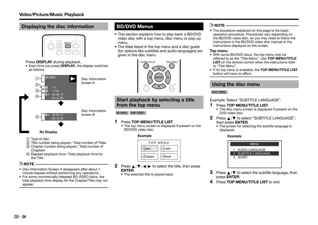 Sharp BD-HP35S Displaying the disc information, BD/DVD Menus, Start playback by selecting a title from the top menu 