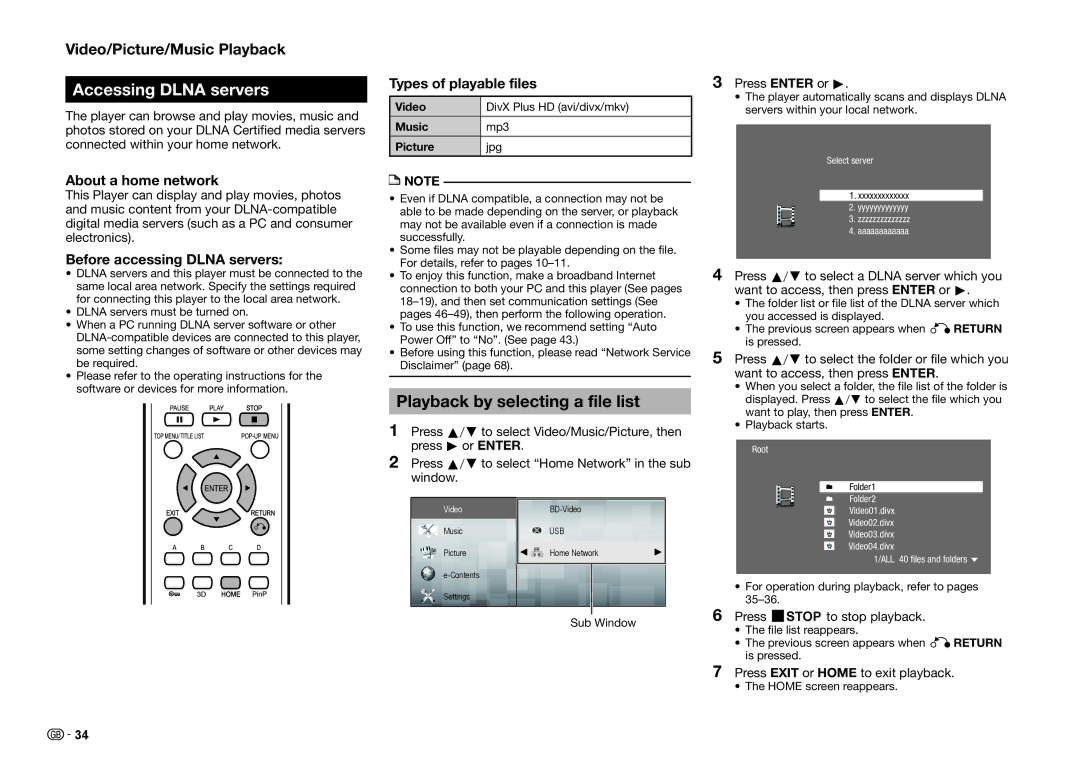 Sharp BD-HP35S Accessing Dlna servers, Playback by selecting a file list, About a home network, Types of playable files 