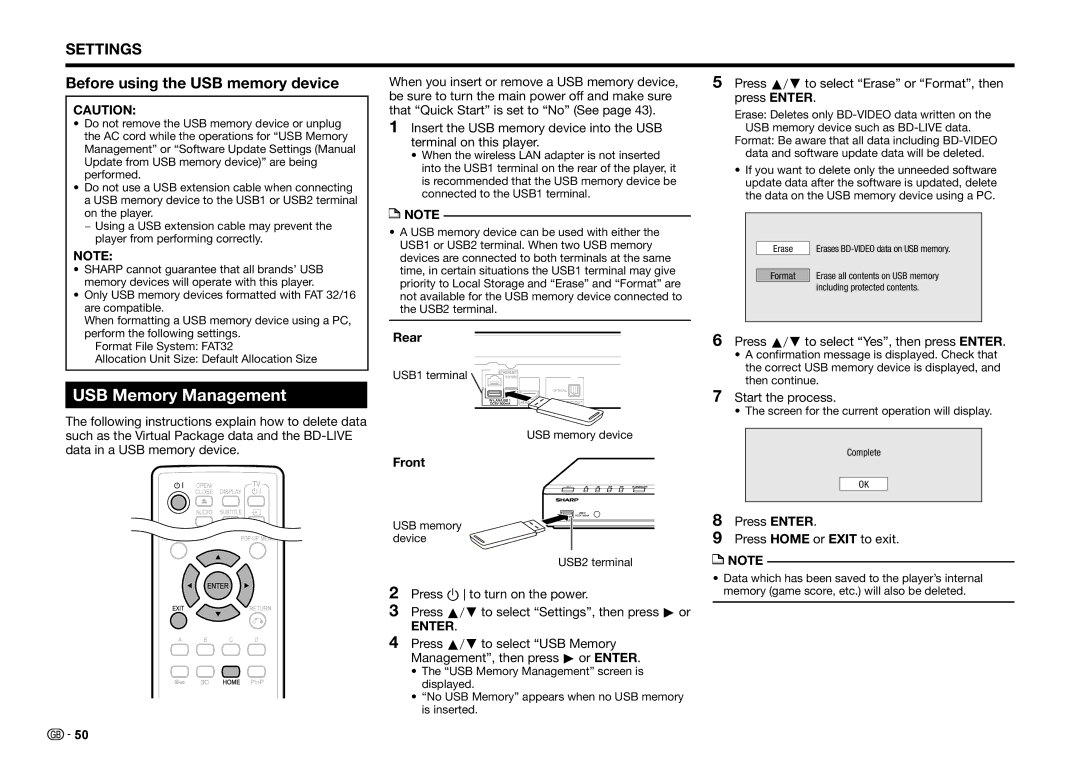 Sharp BD-HP35S operation manual USB Memory Management, Before using the USB memory device 