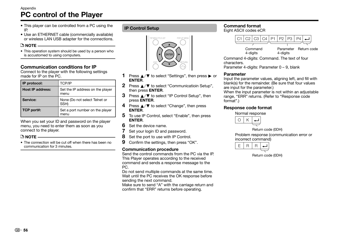 Sharp BD-HP35S operation manual PC control of the Player, Communication conditions for IP 