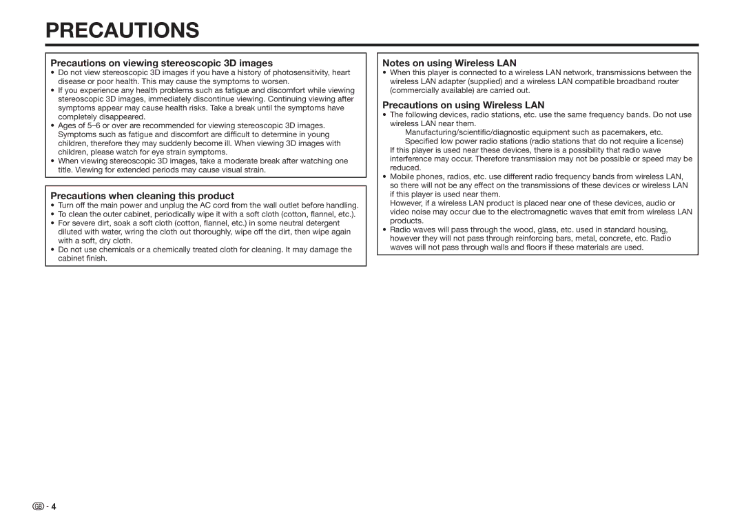 Sharp BD-HP35S operation manual Precautions on viewing stereoscopic 3D images, Precautions when cleaning this product 