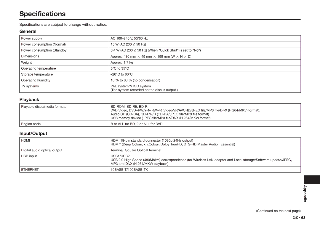 Sharp BD-HP35S operation manual General, Input/Output, Specifications are subject to change without notice 