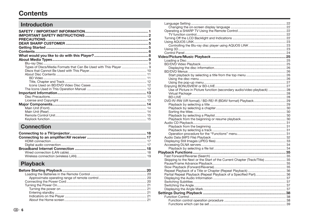 Sharp BD-HP35S operation manual Contents 