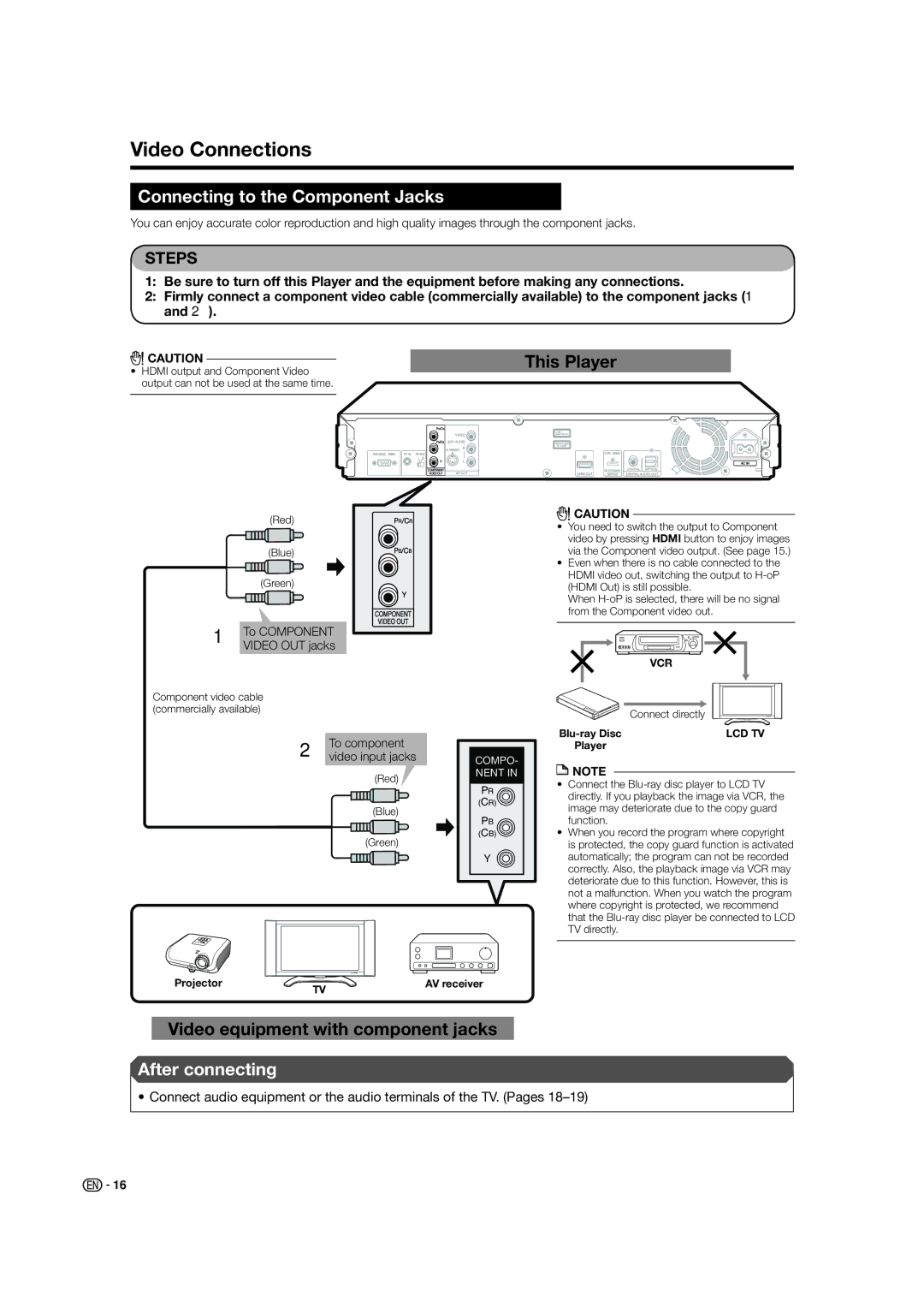 Sharp BD-HP50U operation manual Video Connections, Connecting to the Component Jacks, To Component Video OUT jacks 