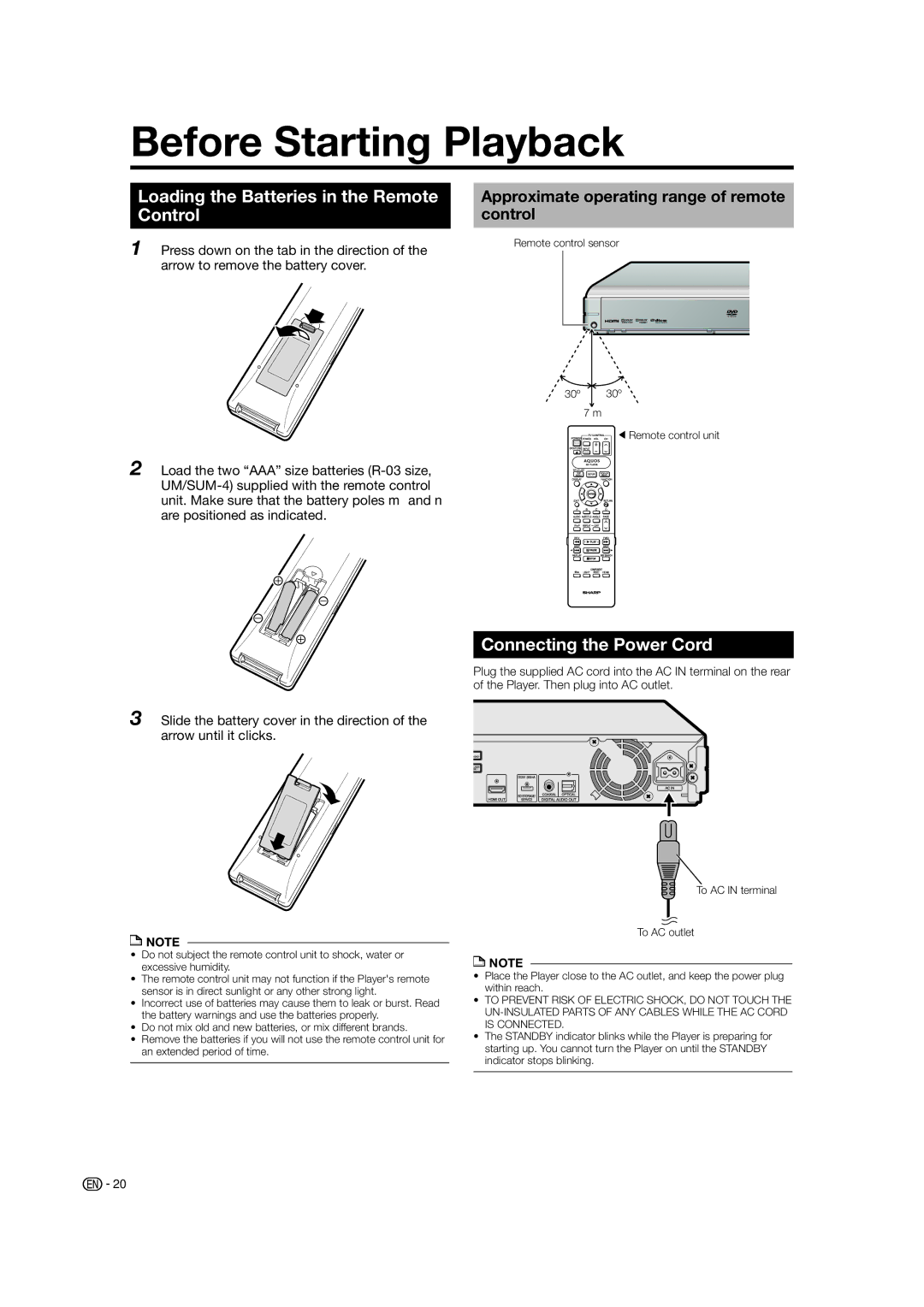 Sharp BD-HP50U Before Starting Playback, Loading the Batteries in the Remote Control, Connecting the Power Cord 