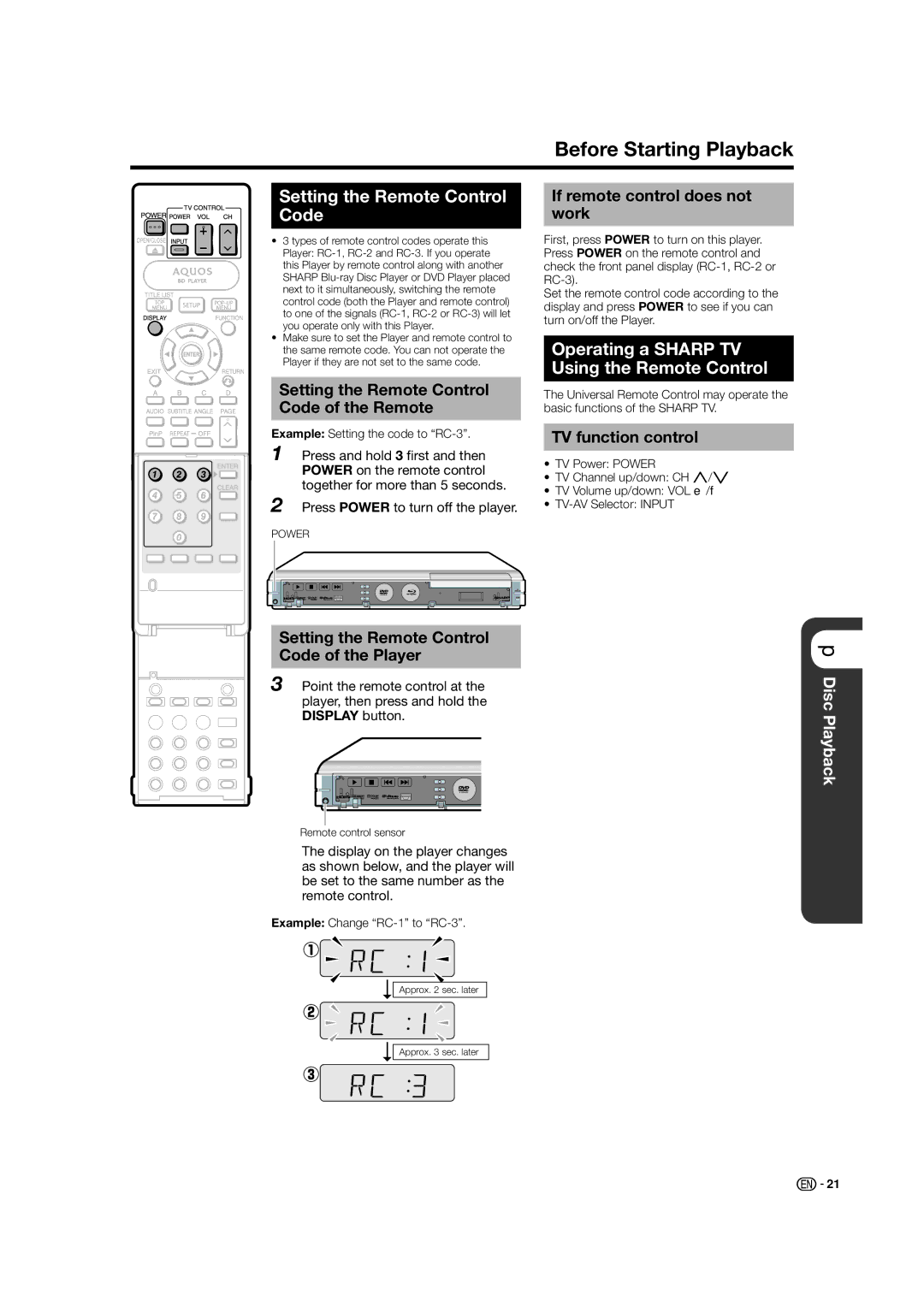 Sharp BD-HP50U Before Starting Playback, Setting the Remote Control Code, Operating a Sharp TV Using the Remote Control 