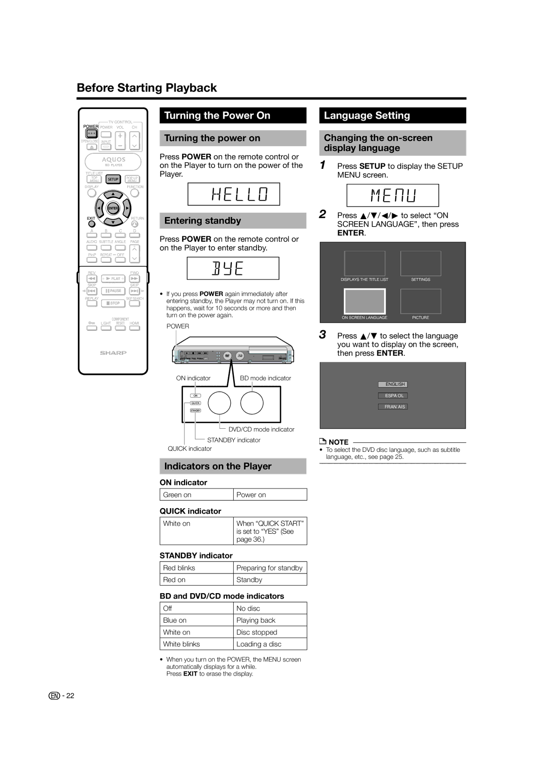 Sharp BD-HP50U operation manual Turning the Power On, Language Setting, Turning the power on, Entering standby 