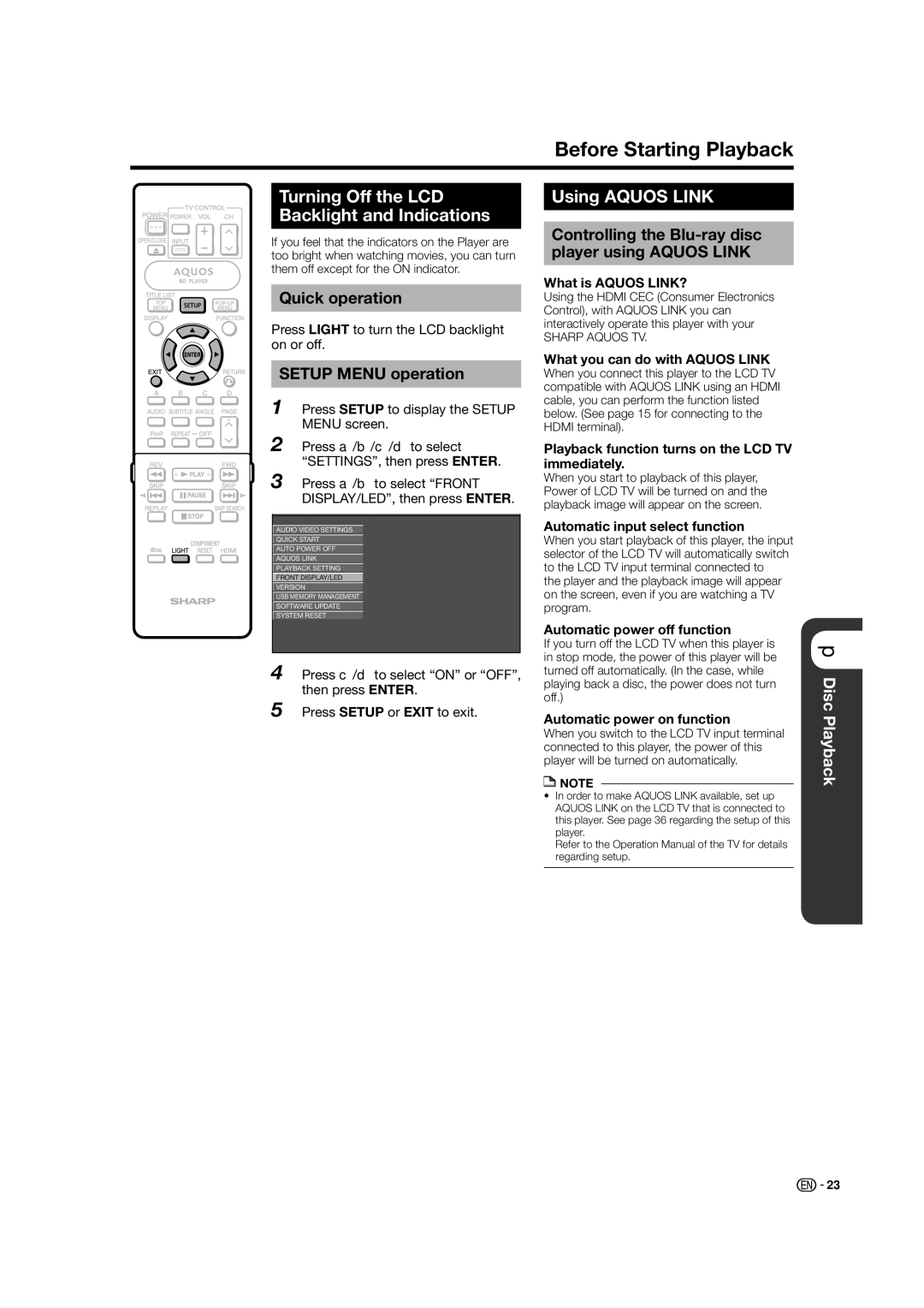 Sharp BD-HP50U Controlling the Blu-ray disc, Player using Aquos Link, Quick operation, Setup Menu operation 