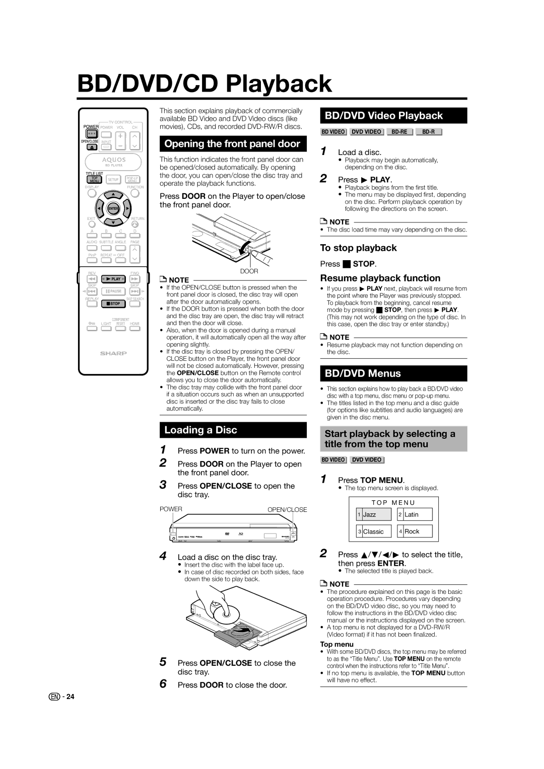 Sharp BD-HP50U BD/DVD/CD Playback, Opening the front panel door, Loading a Disc, BD/DVD Video Playback, BD/DVD Menus 