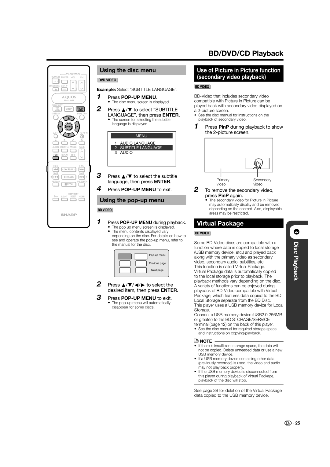 Sharp BD-HP50U BD/DVD/CD Playback, Virtual Package, Using the disc menu, Using the pop-up menu, Press POP-UP Menu 