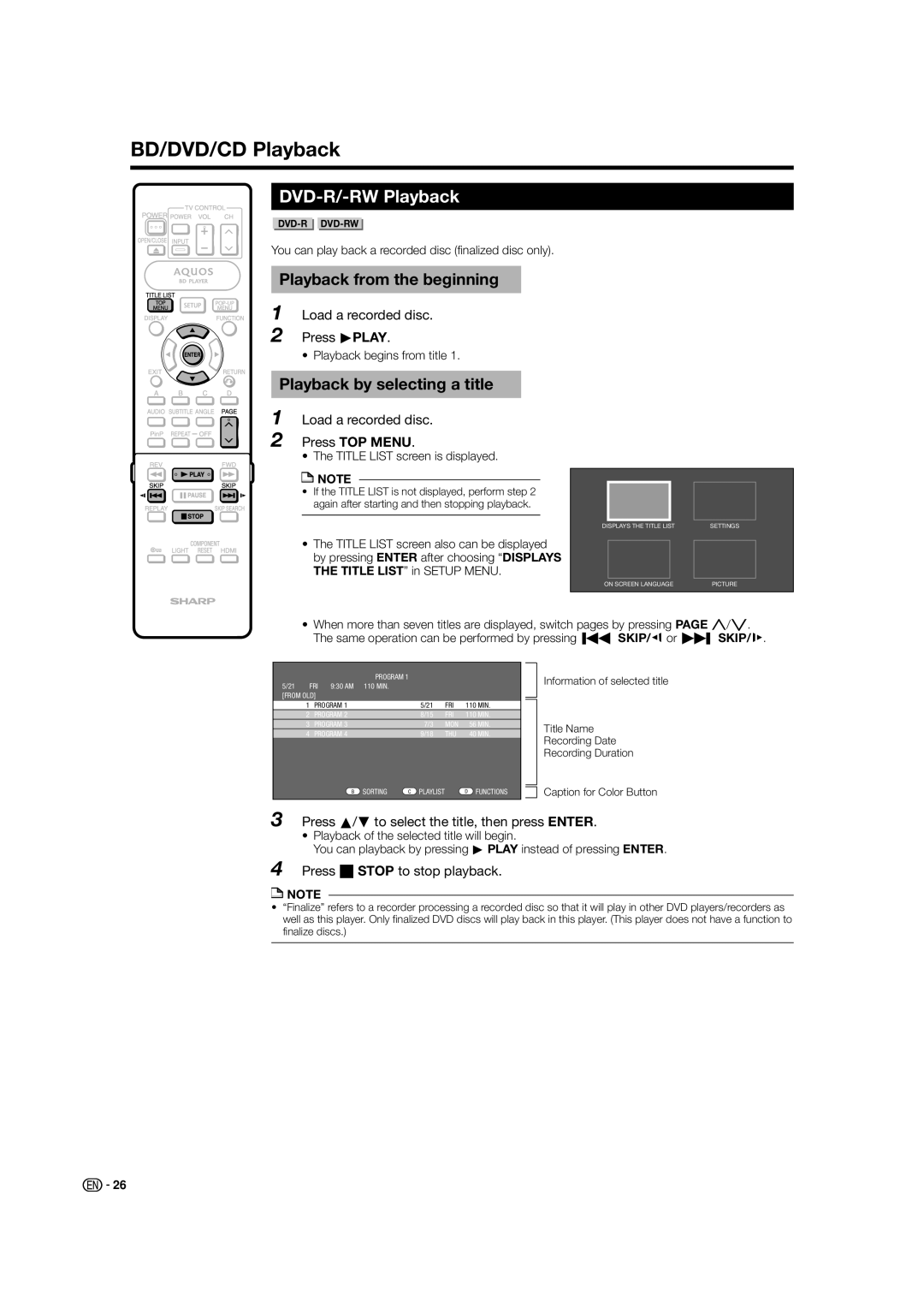 Sharp BD-HP50U operation manual DVD-R/-RW Playback, Playback from the beginning, Playback by selecting a title 