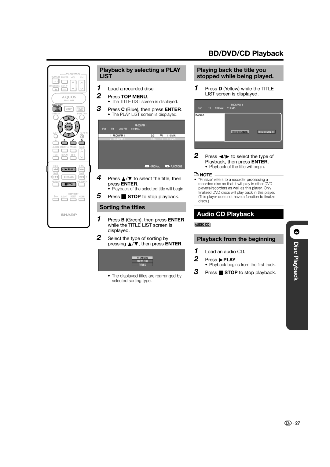 Sharp BD-HP50U operation manual Audio CD Playback, Playback by selecting a Play List, Sorting the titles 