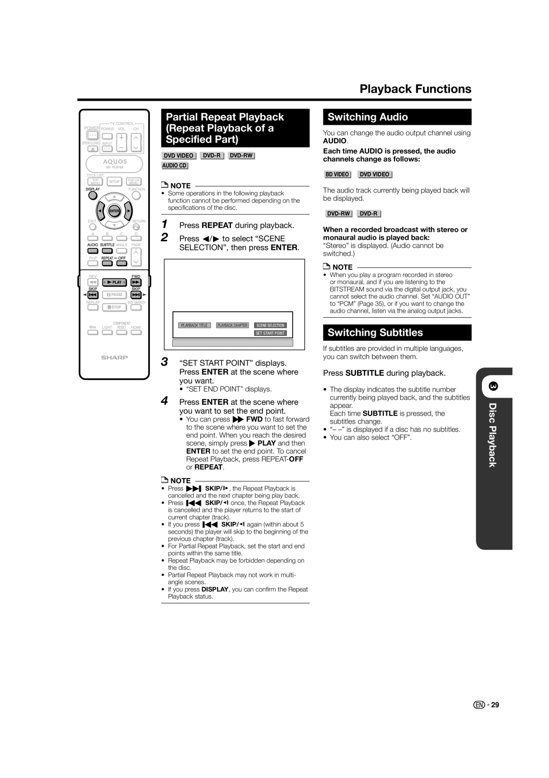 Sharp BD-HP50U Playback Functions, Partial Repeat Playback Repeat Playback of a Specified Part, Switching Audio 