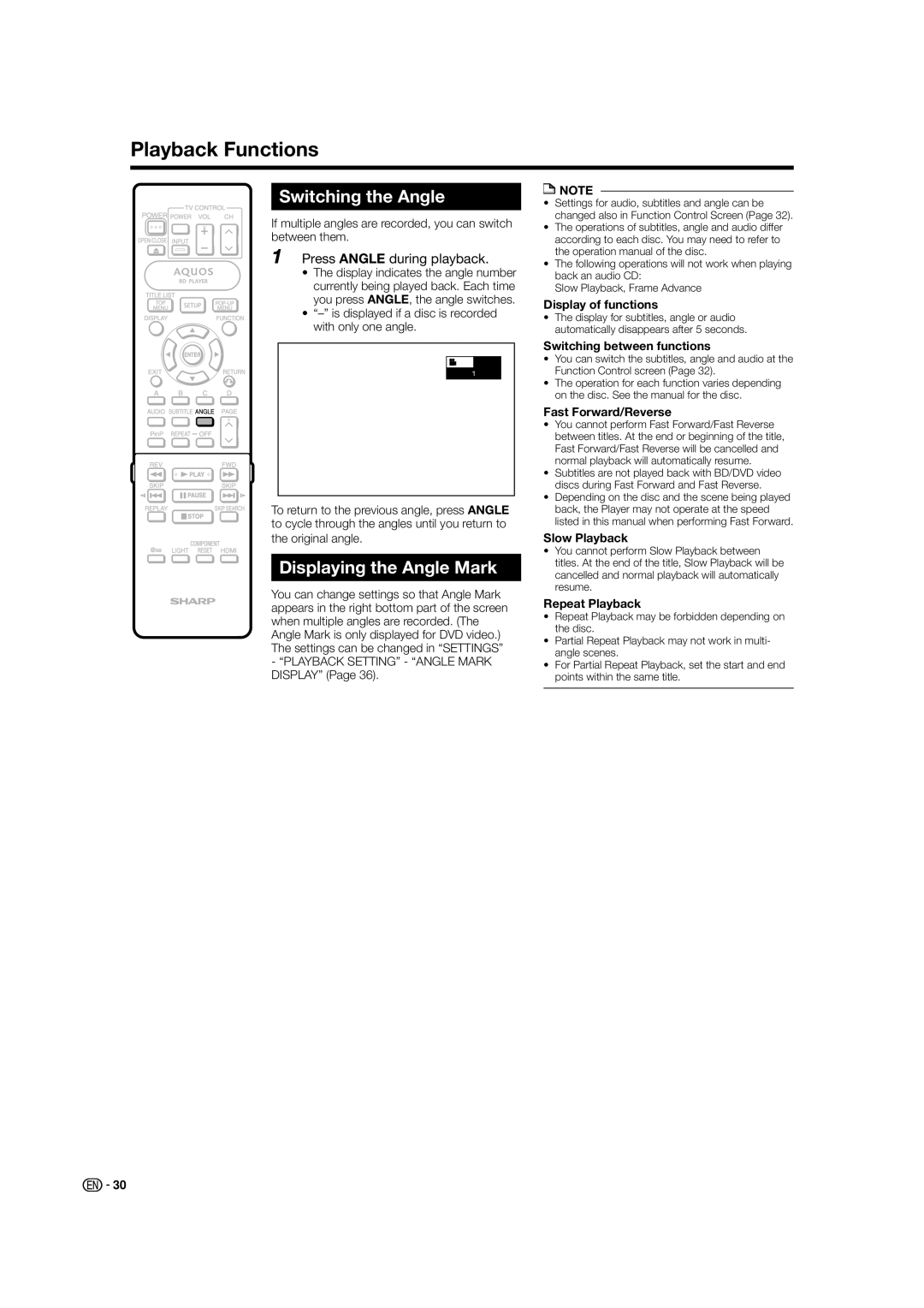 Sharp BD-HP50U operation manual Switching the Angle, Displaying the Angle Mark, Press Angle during playback 