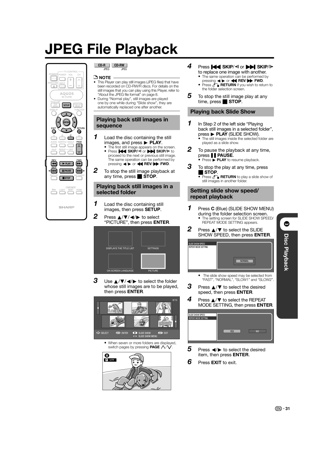 Sharp BD-HP50U Jpeg File Playback, Playing back still images in sequence, Playing back still images in a selected folder 