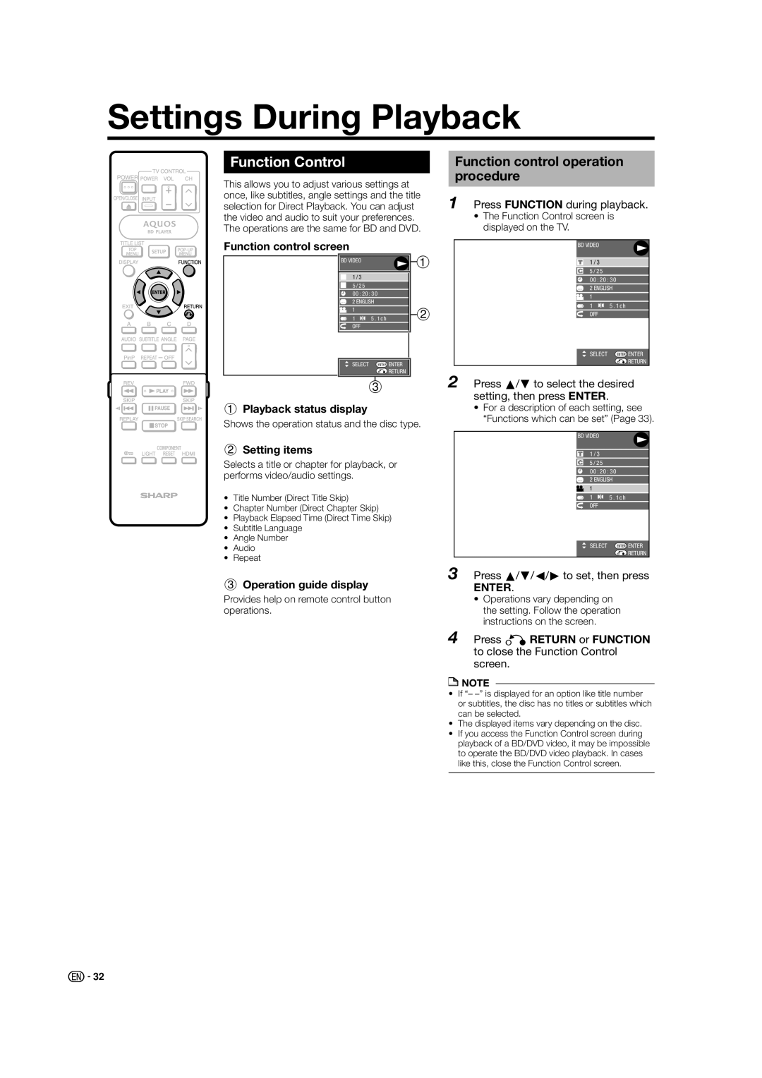 Sharp BD-HP50U operation manual Settings During Playback, Function Control, Function control operation procedure 