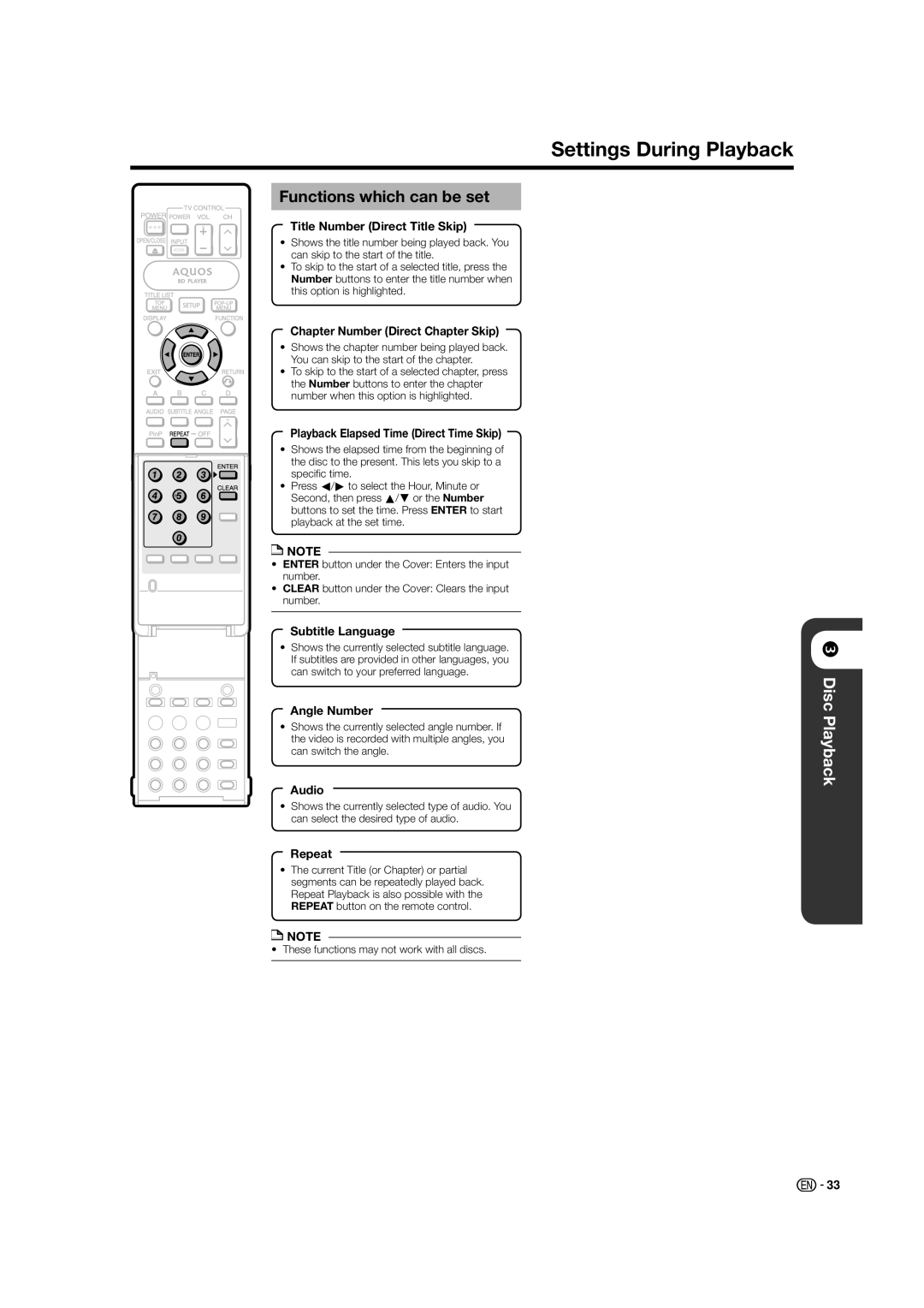 Sharp BD-HP50U operation manual Settings During Playback, Functions which can be set 