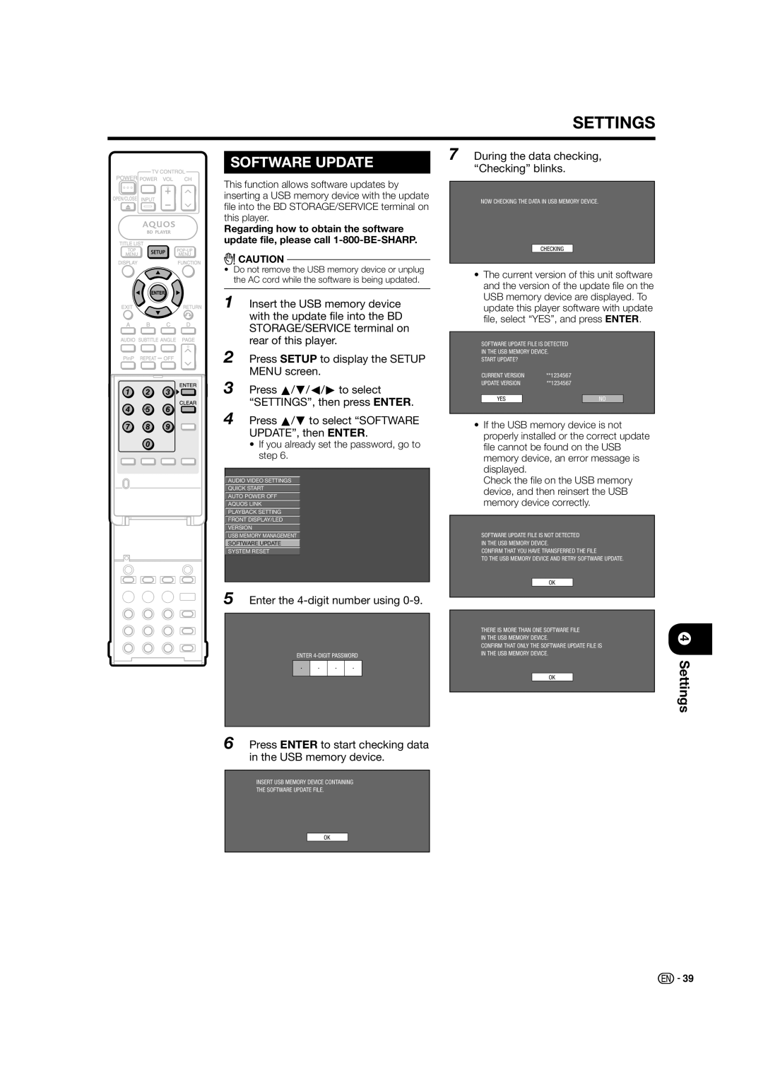 Sharp BD-HP50U operation manual Press a/b to select Software UPDATE, then Enter, Enter the 4-digit number using 