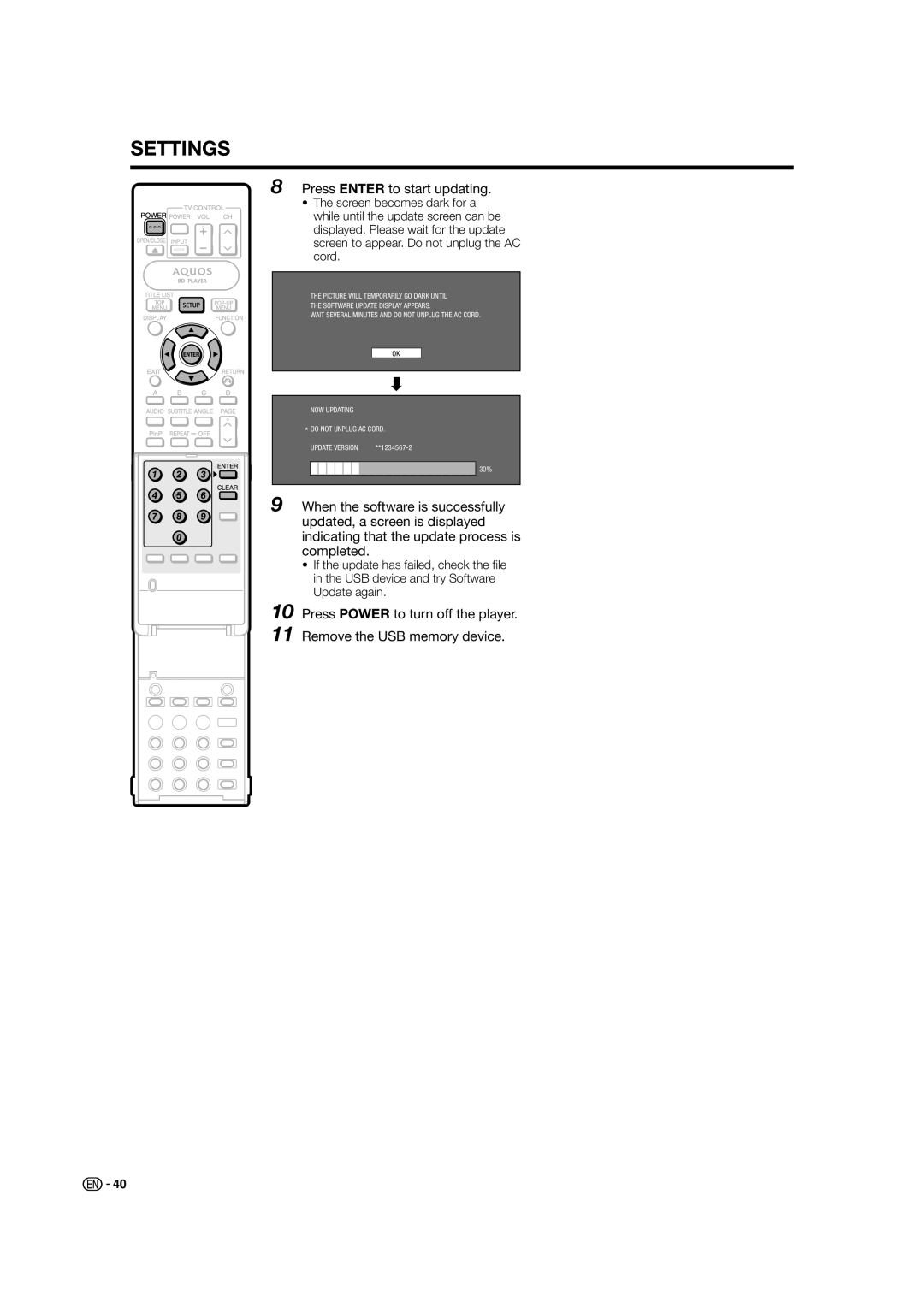 Sharp BD-HP50U operation manual Press Enter to start updating 