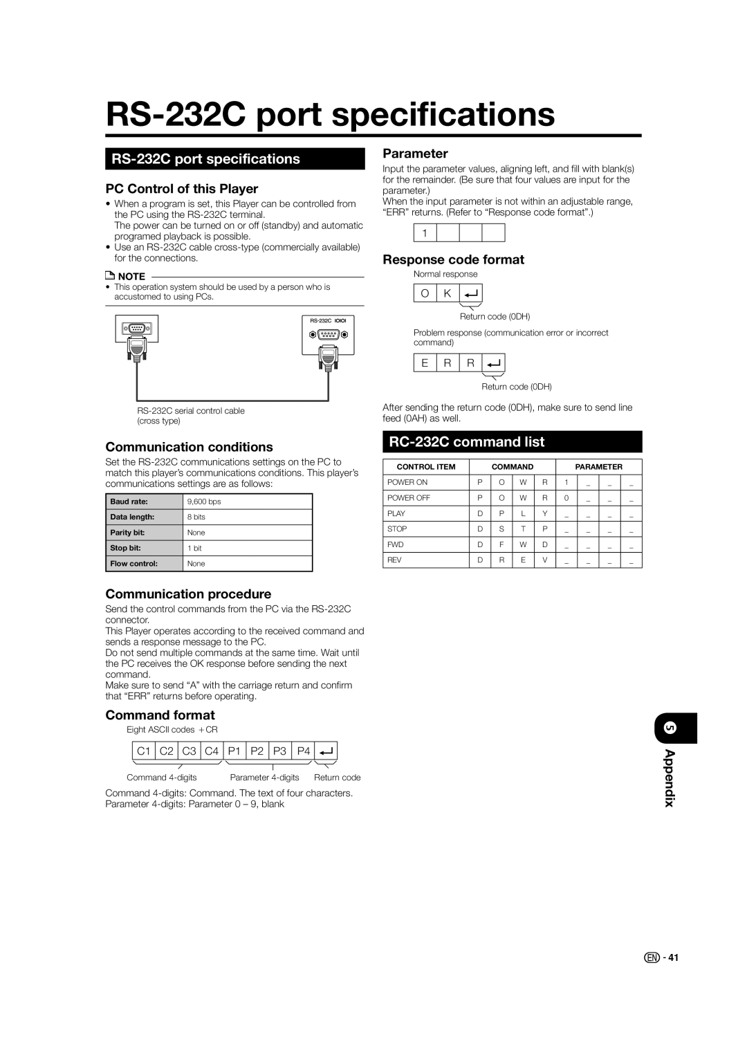 Sharp BD-HP50U operation manual RS-232C port specifications, RC-232C command list 