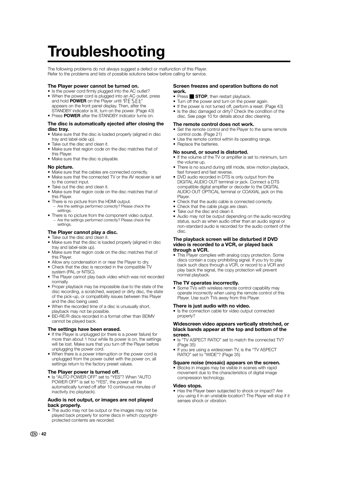 Sharp BD-HP50U operation manual Troubleshooting 