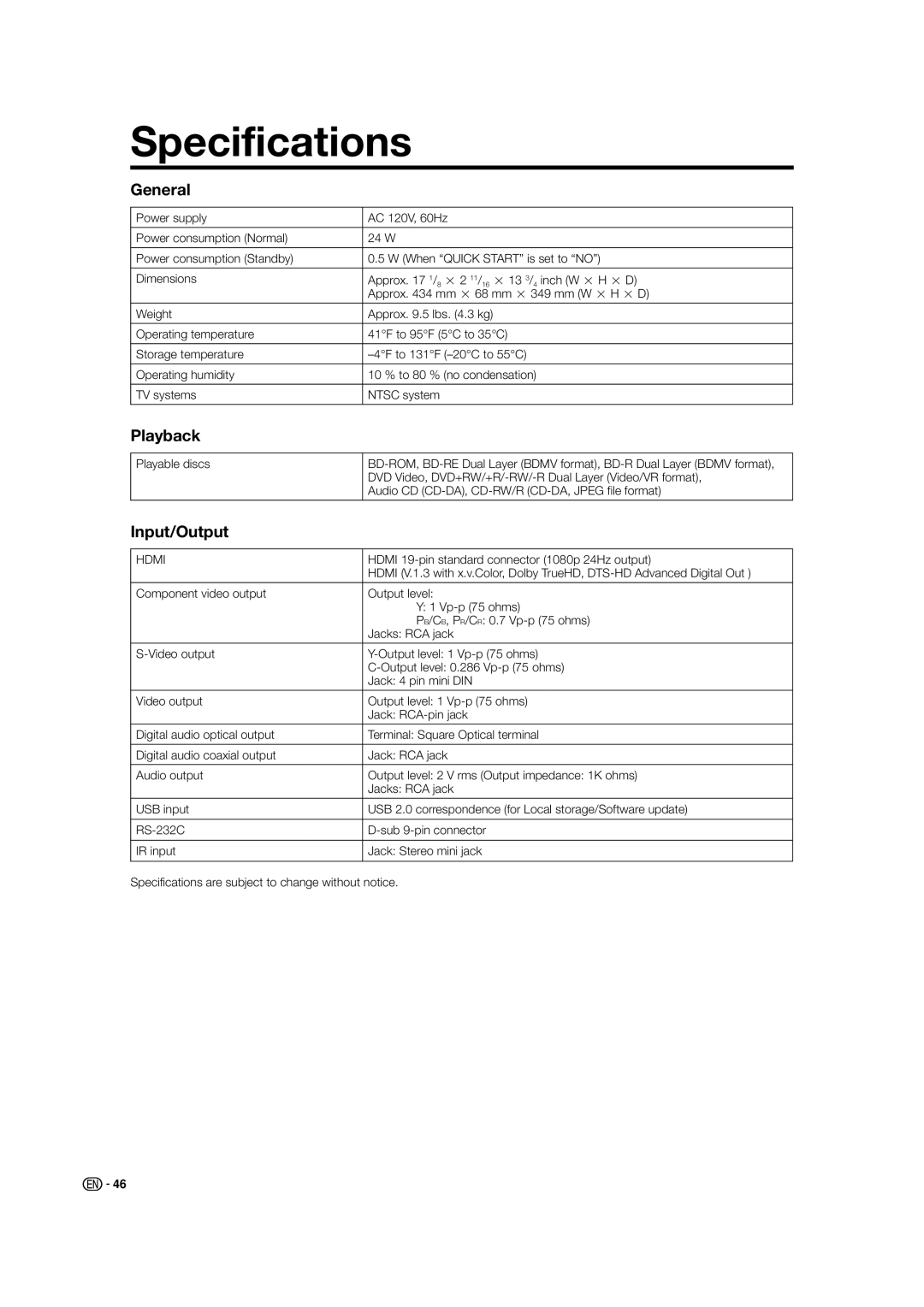 Sharp BD-HP50U Specifications, General, Playback, Input/Output, Hdmi 19-pin standard connector 1080p 24Hz output 