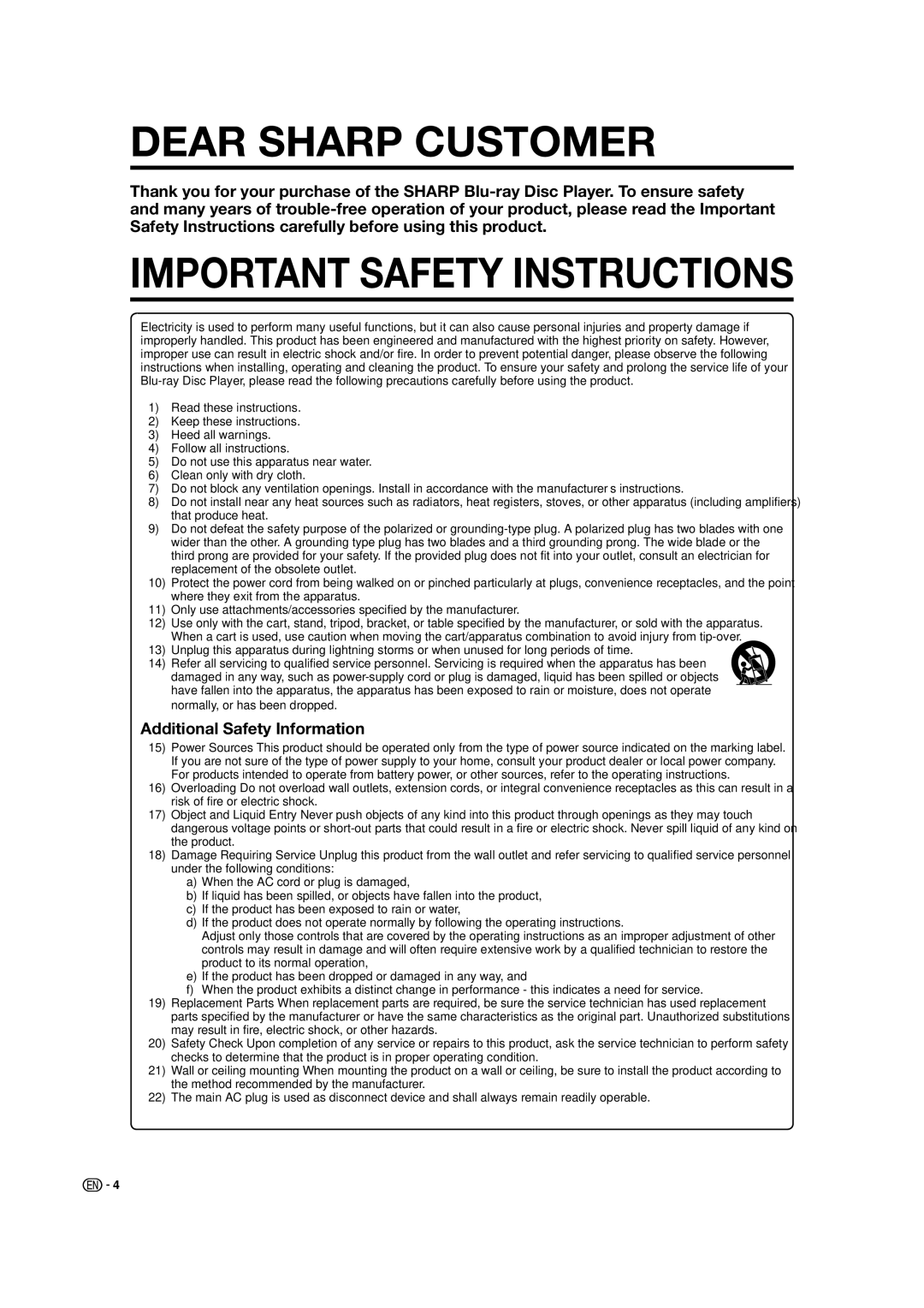 Sharp BD-HP50U operation manual Dear Sharp Customer, Additional Safety Information 