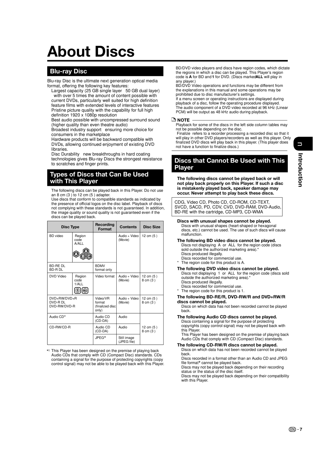 Sharp BD-HP50U operation manual About Discs, Blu-ray Disc, Types of Discs that Can Be Used with This Player 