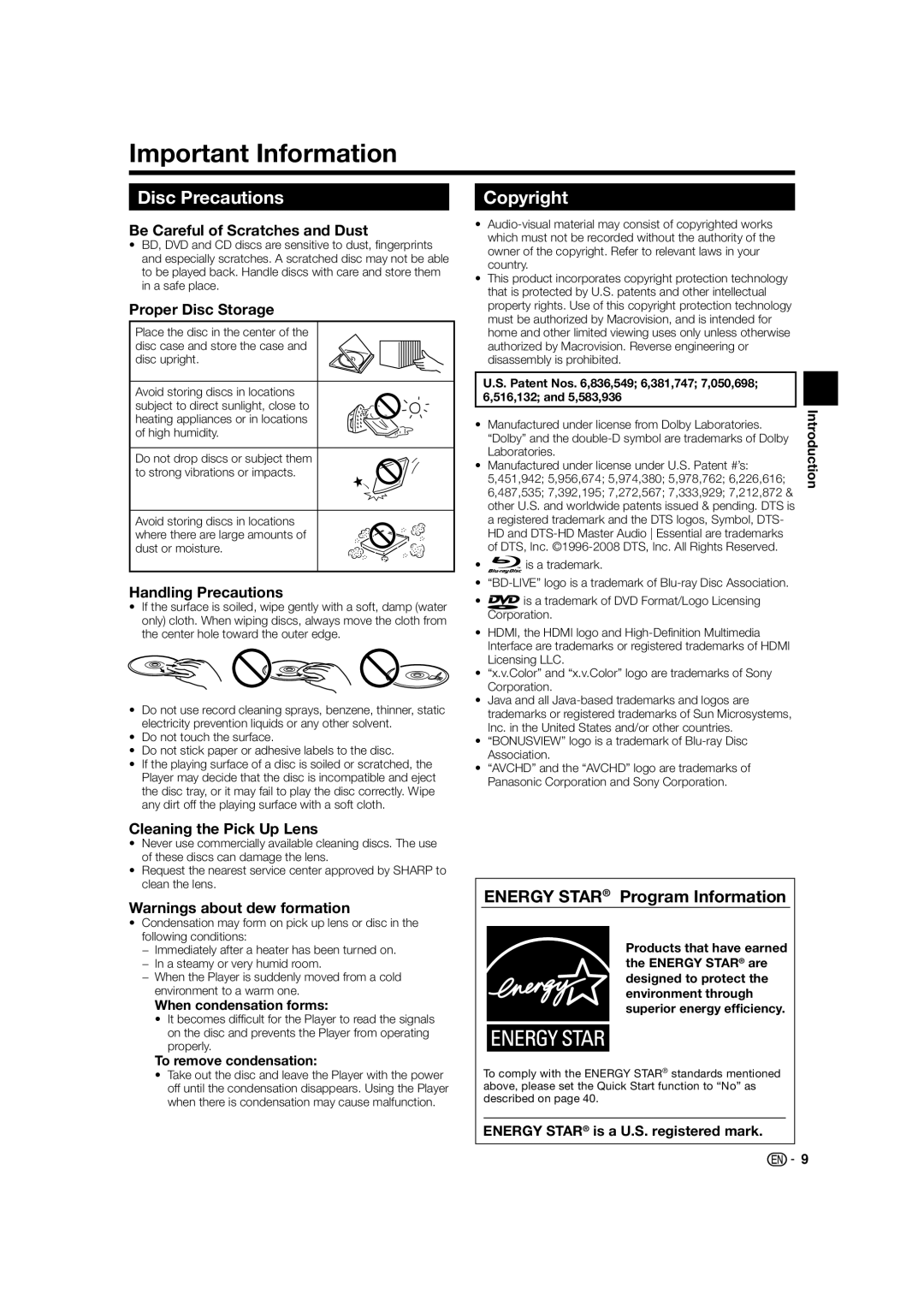 Sharp BD-HP52U operation manual Important Information, Disc Precautions, Copyright, Energy Star Program Information 